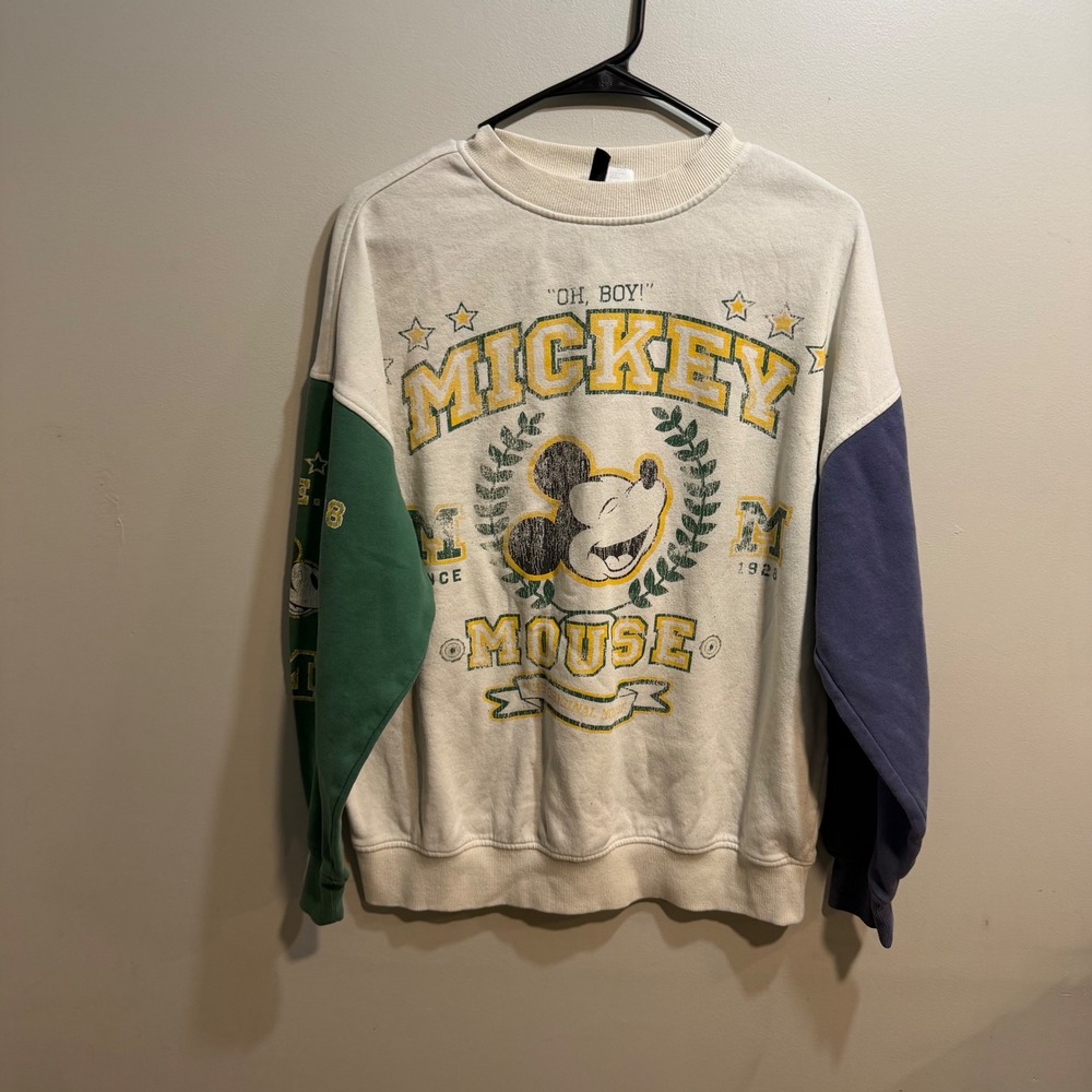HM Divided Disney Mickey Mouse Sweatshirt Womens XXS Cream Colorblock Collegiate
